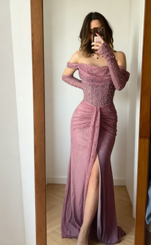 Elegant Pink Wedding Guest Dress Off-shoulder Sheath Beaded Chiffon Long Evening Dress ED08047