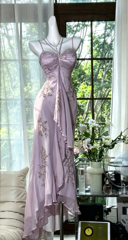 Elegant Purple Prom Dress Spaghetti Straps Sheath Chiffon Beaded Long Evening Dress ED08048