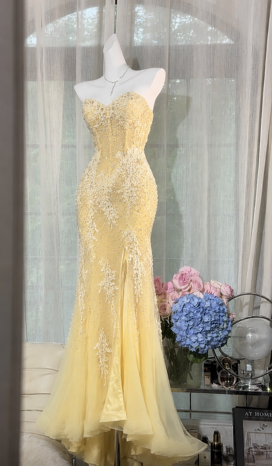 Elegant Appliques Yellow Prom Dress Sweetheart Mermaid Tulle Beaded Long Evening Dress ED08049
