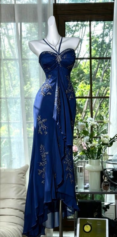 Elegant Navy Blue Prom Dress Halter Sheath Chiffon Beaded Long Evening Dress ED08050