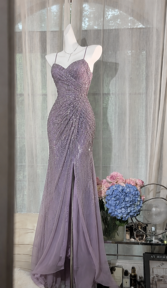 Elegant Purple Prom Dress Spaghetti Straps Sheath Chiffon Sequins Long Evening Dress ED08051