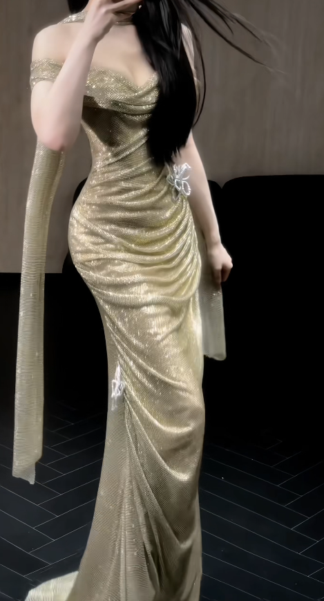 Elegant Gold Prom Dress Off-shoulder Sheath Tulle Long Evening Dress ED08052