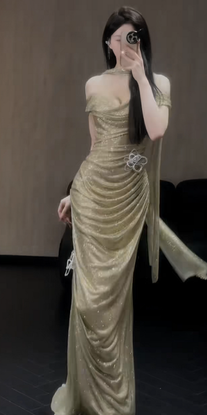 Robe de bal élégante dorée, coupe fourreau épaule dénudée, longue robe de soirée en tulle ED08052