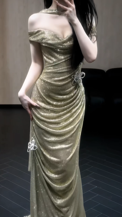Elegant Gold Prom Dress Off-shoulder Sheath Tulle Long Evening Dress ED08052