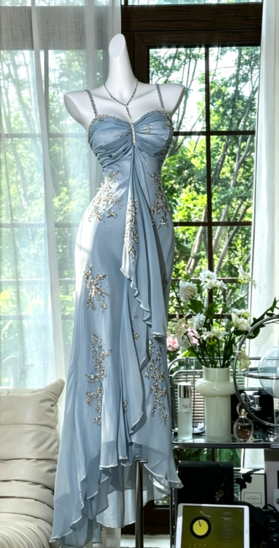 Elegant Dusty Blue Prom Dress Spaghetti Straps Sheath Chiffon Beaded Long Evening Dress ED08055