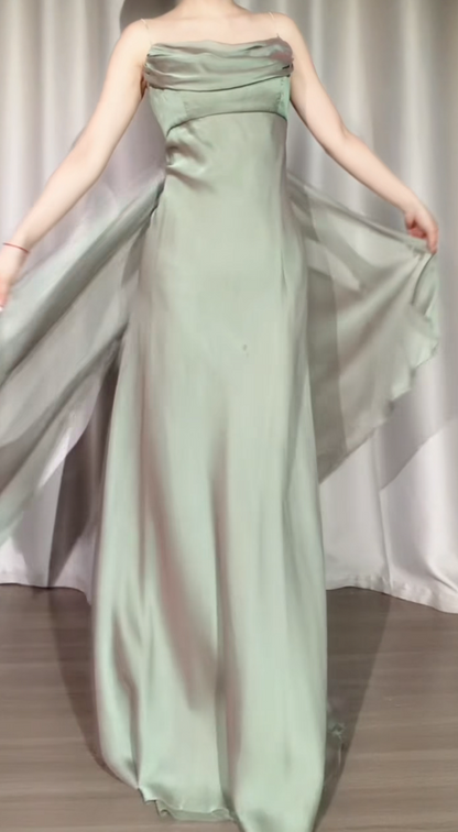 Robe de Bal Chic Vert Tendre Bretelles Fines Fourreau en Mousseline Longue Robe de Soirée ED08061