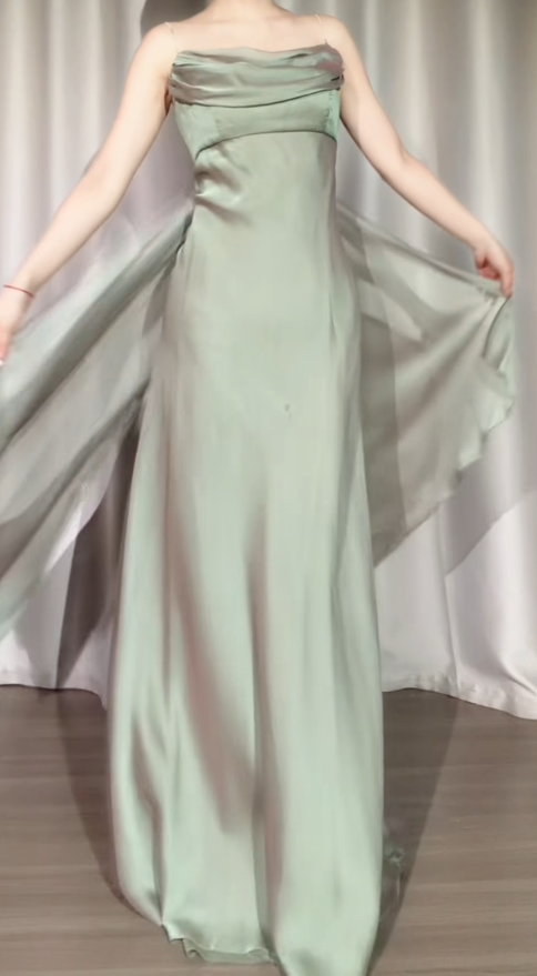 Chic Soft Green Prom Dress Spaghetti Straps Sheath Chiffon Long Evening Dress ED08061