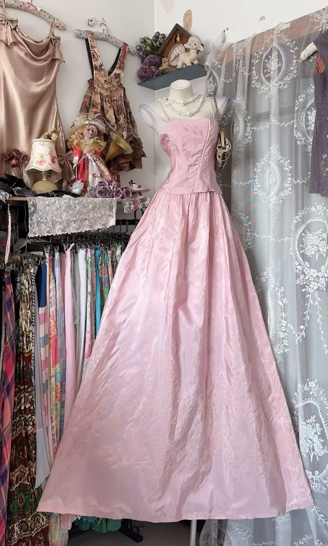 Chic Pink Prom Dress Spaghetti Straps A-Line Satin Long Evening Dress  ED08062