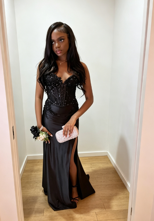 Chic Black Prom Dress Sweetheart Sheath Satin Long Evening Dress with Slit ED08065