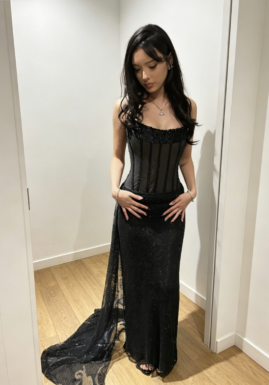 Robe de bal noire chic sans bretelles, fourreau en tulle, longue robe de soirée ED08068