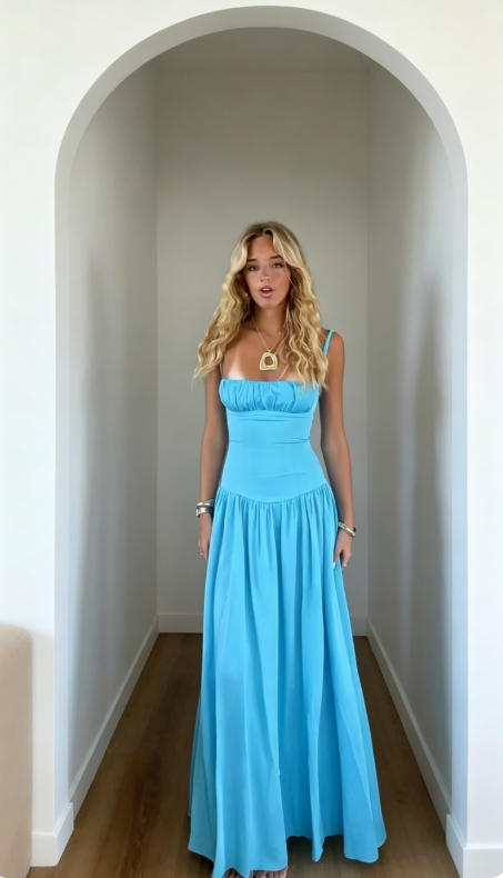Chic Blue Prom Dress Spaghetti Straps Sheath Satin Long Evening Dress   ED08069