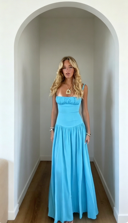 Chic Blue Prom Dress Spaghetti Straps Sheath Satin Long Evening Dress   ED08069