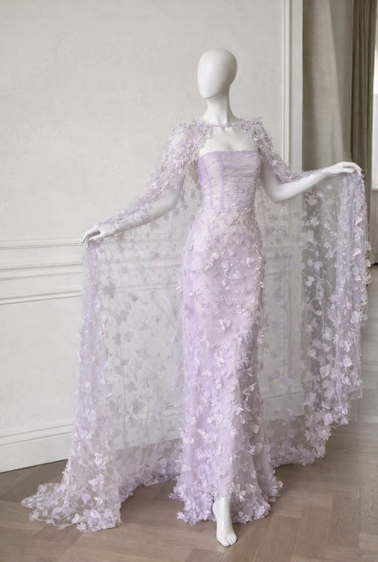 Classy Lavender Prom Dress Strapless Sheath Tulle Appliques Long Evening Dress  ED08070