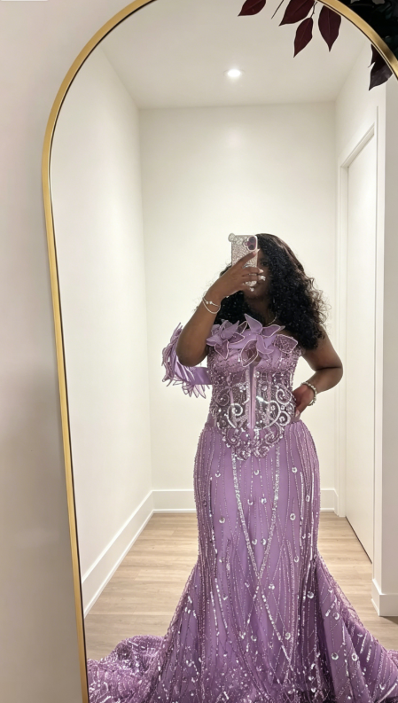 Classy Lilac Prom Dress One-shoulder Sheath Tulle Sequins Beaded Long Evening Dress   ED08071