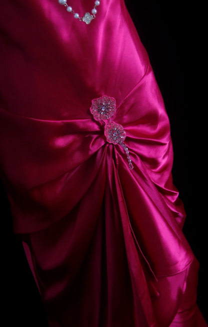 Élégante Robe de Bal Rose Vif Licou Fourreau Satin Longue Robe de Soirée ED08072