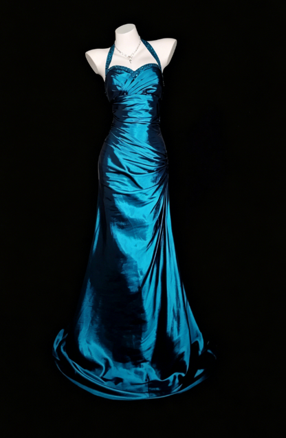 Classy Teal Prom Dress Halter Sheath Satin Long Evening Dress  ED08073