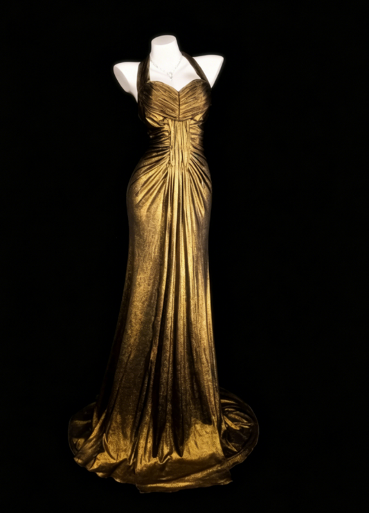 Classy Gold Prom Dress Halter Sheath Satin Long Evening Dress  ED08077