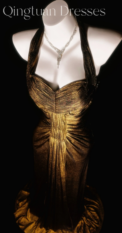 Robe de bal élégante dorée, coupe fourreau, dos nu, en satin, longue, pour soirée ED08077