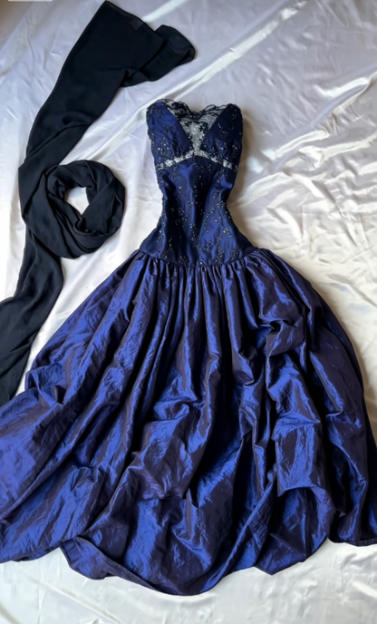 Classy Navy Blue Prom Dress Strapless Sheath Satin Long Evening Dress ED08078