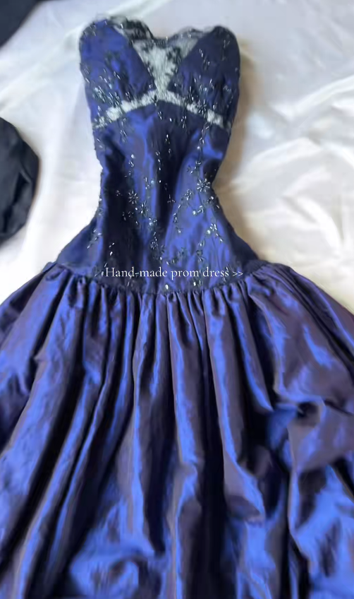 Classy Navy Blue Prom Dress Strapless Sheath Satin Long Evening Dress ED08078