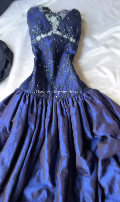 Classy Navy Blue Prom Dress Strapless Sheath Satin Long Evening Dress ED08078