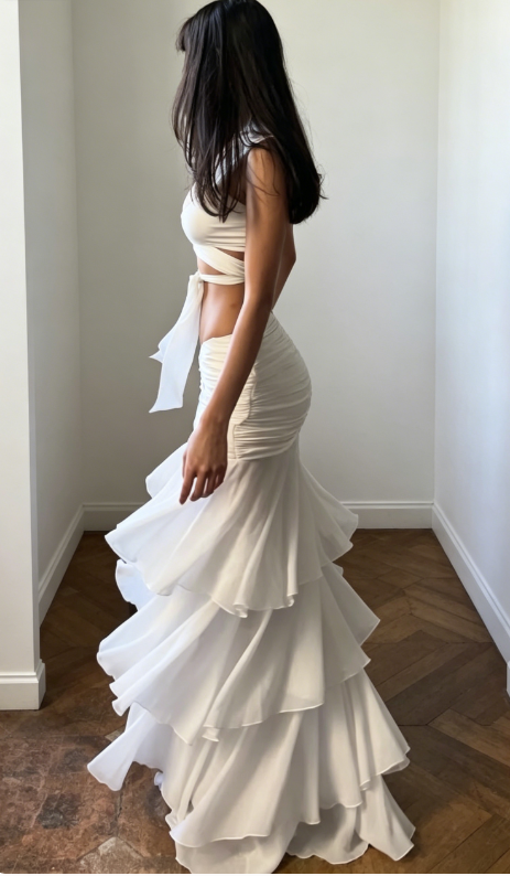 Classy White Prom Dress Straps Sheath Chiffon Two-Piece Long Evening Dress  ED08080