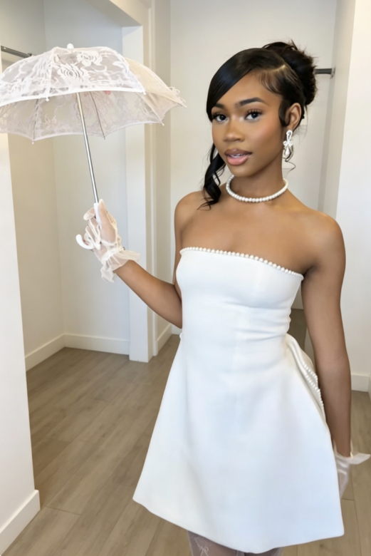 Chic White Short Prom Dress Sheath Strapless Birthday Dress Satin Graduation Party Dress ED08088