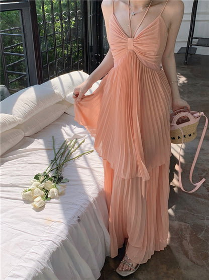 Holiday style A-line v-neck suspender long skirt ED0808