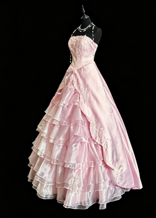 Fairy Strapless Long Birthday Dress A-Line Satin Applique Quinceanera Dress Pink Sweet 16 Dress ED08096
