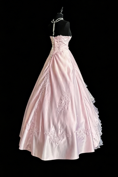 Fée Robe de Soirée Longue Bustier Trapèze Satin Applique Robe de Quinceañera Rose Robe de Bal ED08096