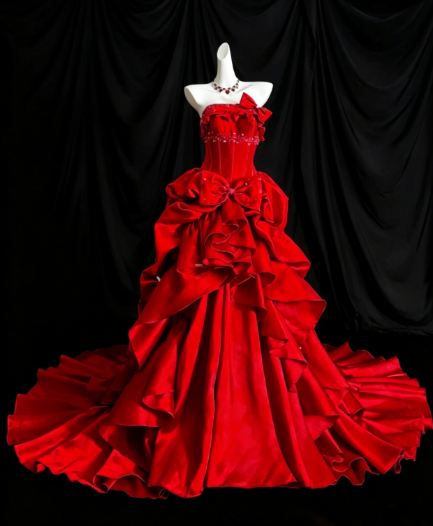 Fairy Strapless Long Birthday Dress A-Line Satin Applique Quinceanera Dress Red Sweet 16 Dress ED08097