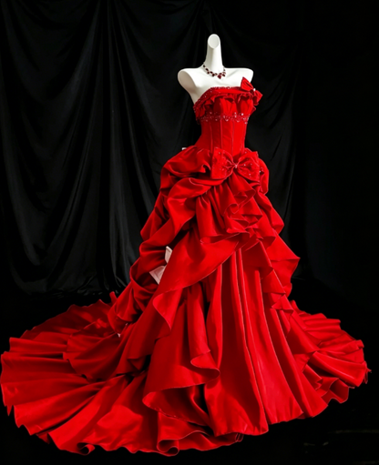 Fairy Strapless Long Birthday Dress A-Line Satin Applique Quinceanera Dress Red Sweet 16 Dress ED08097