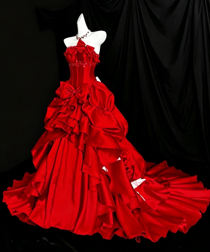 Fairy Strapless Long Birthday Dress A-Line Satin Applique Quinceanera Dress Red Sweet 16 Dress ED08097