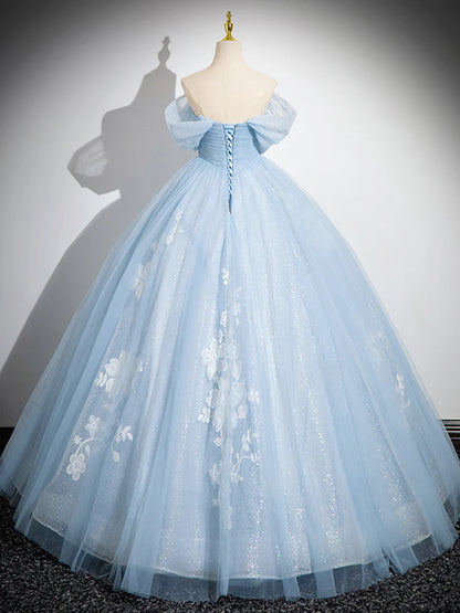 A-Linie Off Shoulder Tüll Pailletten Blau Langes Ballkleid, Blaues Sweet 16 Kleid ED081
