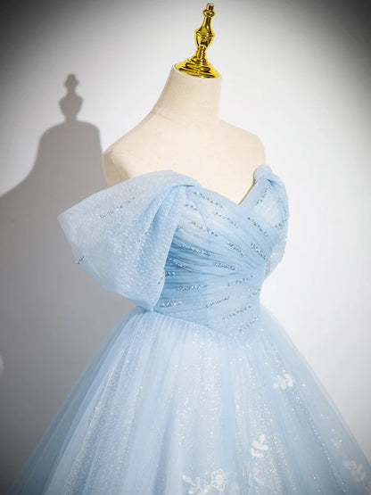 A-Linie Off Shoulder Tüll Pailletten Blau Langes Ballkleid, Blaues Sweet 16 Kleid ED081