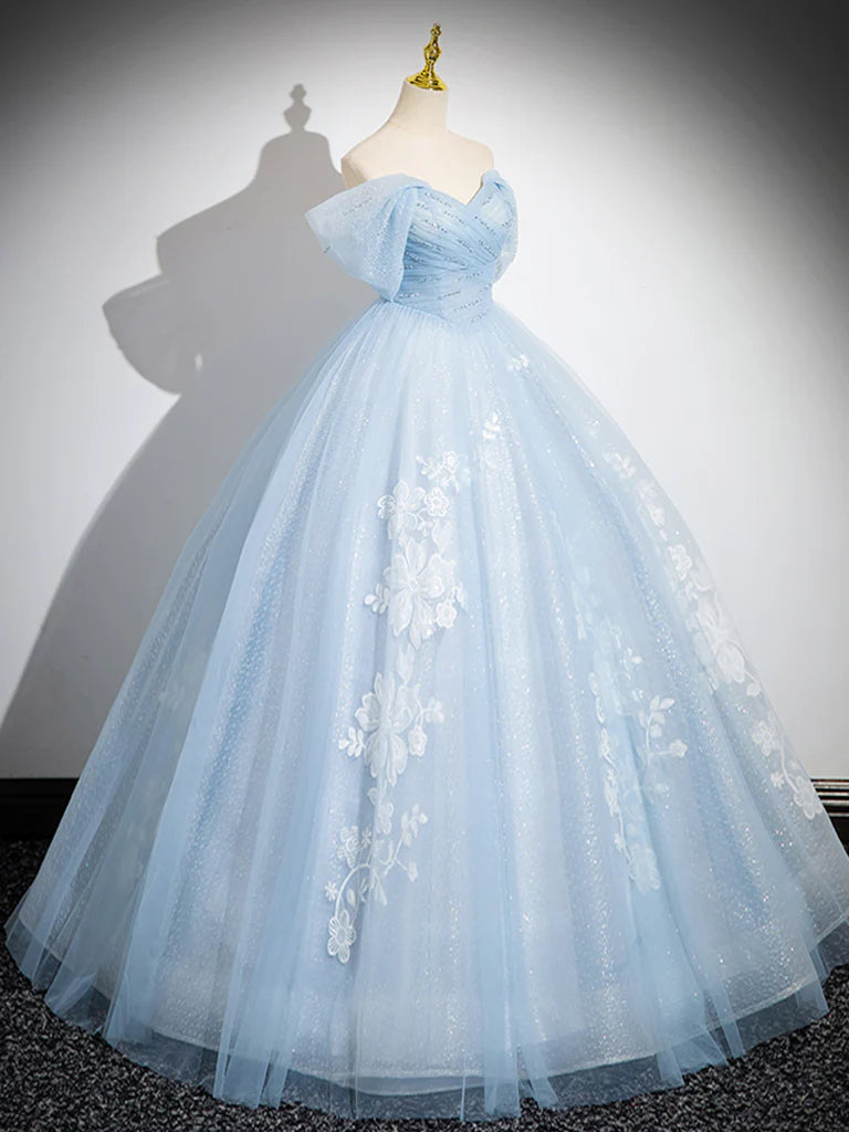 A-Linie Off Shoulder Tüll Pailletten Blau Langes Ballkleid, Blaues Sweet 16 Kleid ED081
