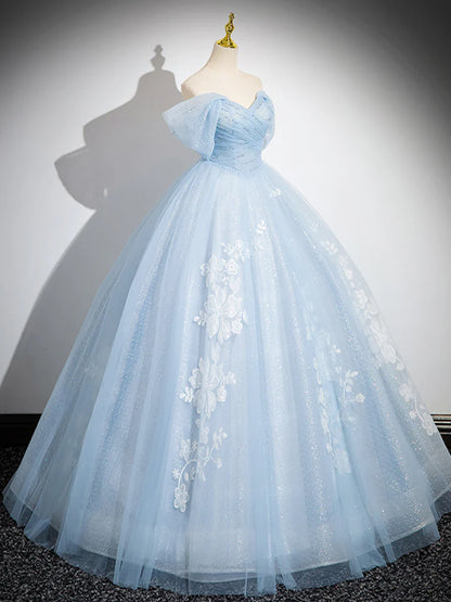 A-Linie Off Shoulder Tüll Pailletten Blau Langes Ballkleid, Blaues Sweet 16 Kleid ED081