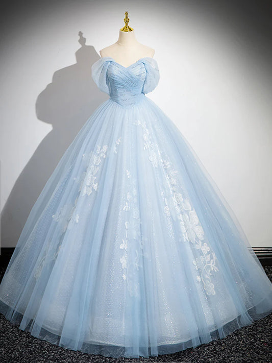 A-Line Off Shoulder Tulle Sequin Blue Long Prom Dress, Blue Sweet 16 Dress  ED081