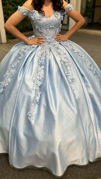 Fairy Off-shoulder Long Birthday Dress A-Line Satin Appliques Quinceanera Dress Blue Sweet 16 Dress ED08100