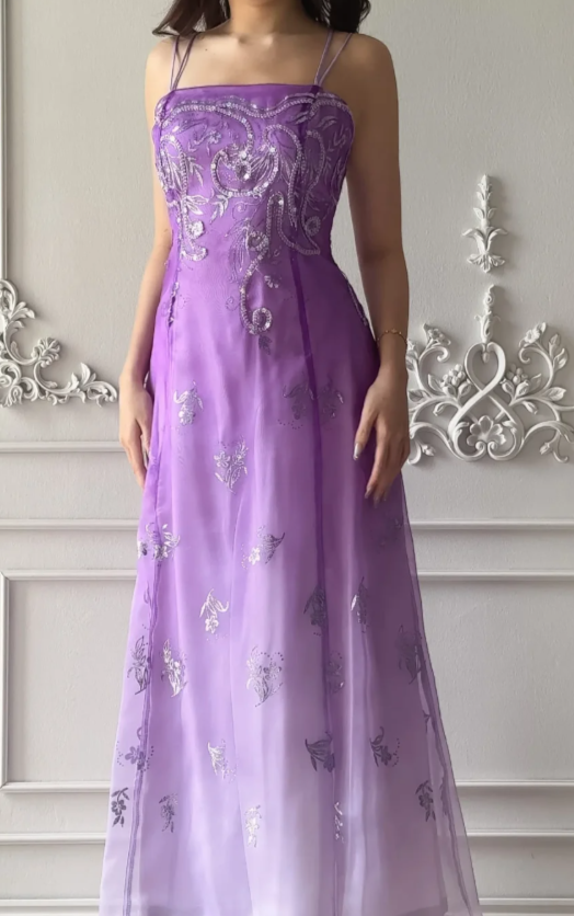 Elegant Spaghetti Straps A-Line Chiffon Long Evening Dress Purple Prom Dress ED08101