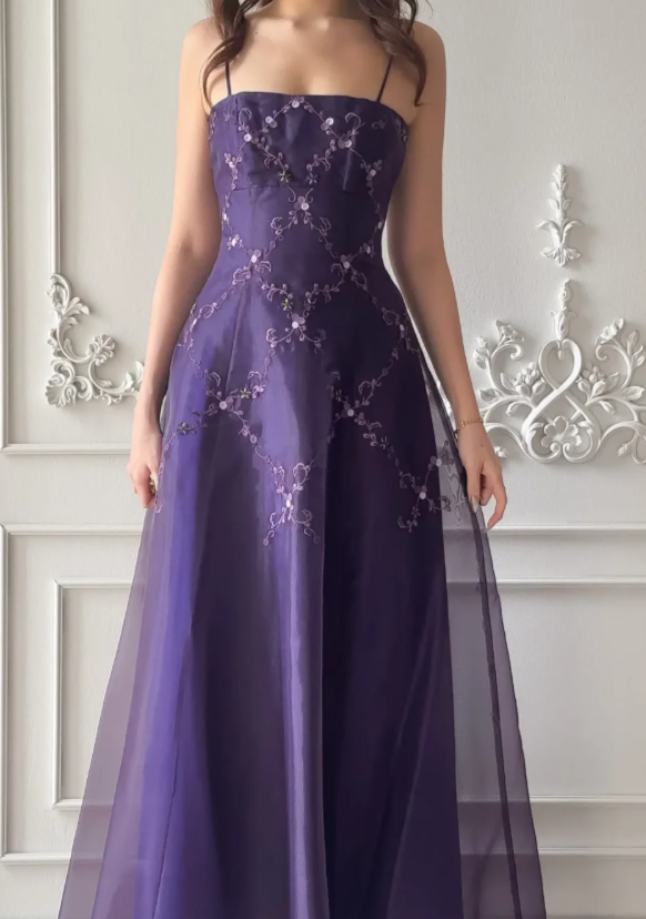 Élégante Robe de Soirée Longue en Chiffon Évasée avec Bretelles Fines, Appliques, Violette, pour Bal de Promo ED08102