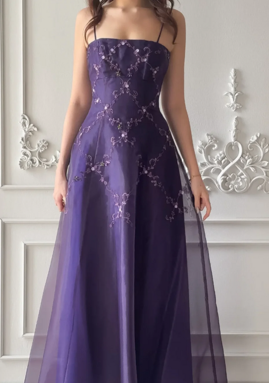 Elegant Spaghetti Straps A-Line Chiffon Applique Long Evening Dress Purple Prom Dress ED08102