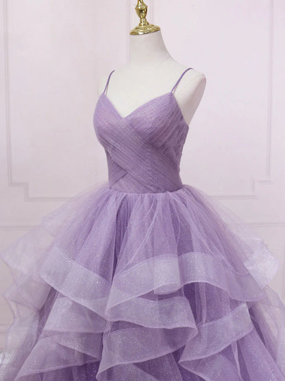 Purple v neck tulle long prom dress, purple tulle formal party dress ED0811
