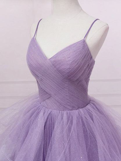 Purple v neck tulle long prom dress, purple tulle formal party dress ED0811