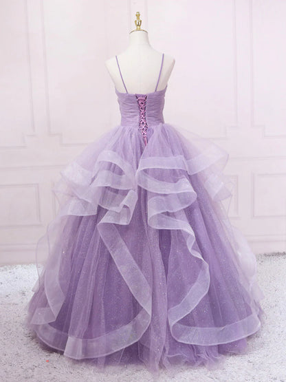 Purple v neck tulle long prom dress, purple tulle formal party dress ED0811
