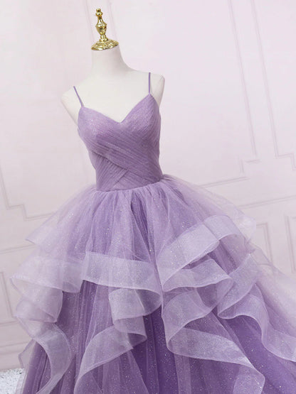 Purple v neck tulle long prom dress, purple tulle formal party dress ED0811