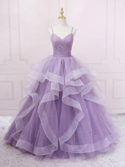 Purple v neck tulle long prom dress, purple tulle formal party dress ED0811
