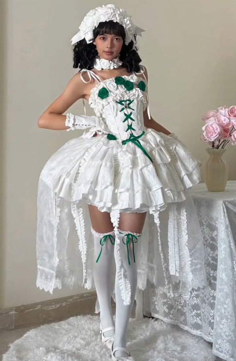 Cute Spaghetti Straps Birthday Dress Satin Applique Lolita Dress White Party Outfit ED08113