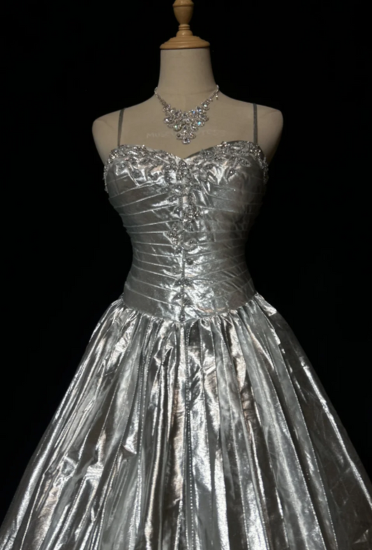 Cute Spaghetti Straps Birthday Dress A-Line Metallic Satin Short Homecoming Dress Silver Party Outfit  ED08114