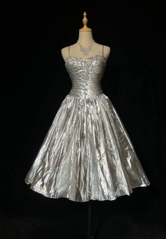 Cute Spaghetti Straps Birthday Dress A-Line Metallic Satin Short Homecoming Dress Silver Party Outfit  ED08114
